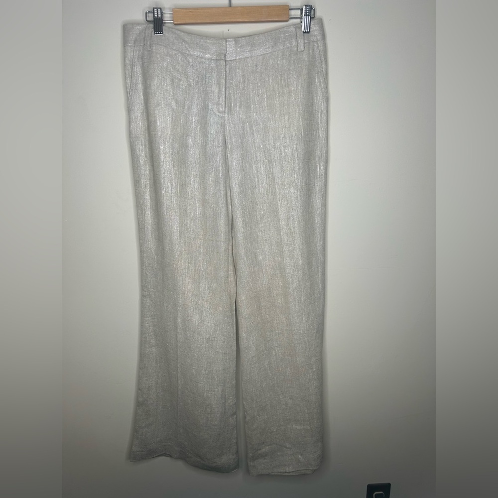 J Crew Linen Cream Gold Metallic Flat Front Wide Leg Pant Size 10 City Fit